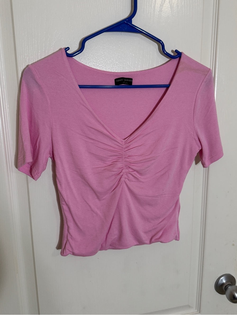 Naked Wardrobe Pink Ruched V Neck Y2K Coquette Crop Top Size L Fitted